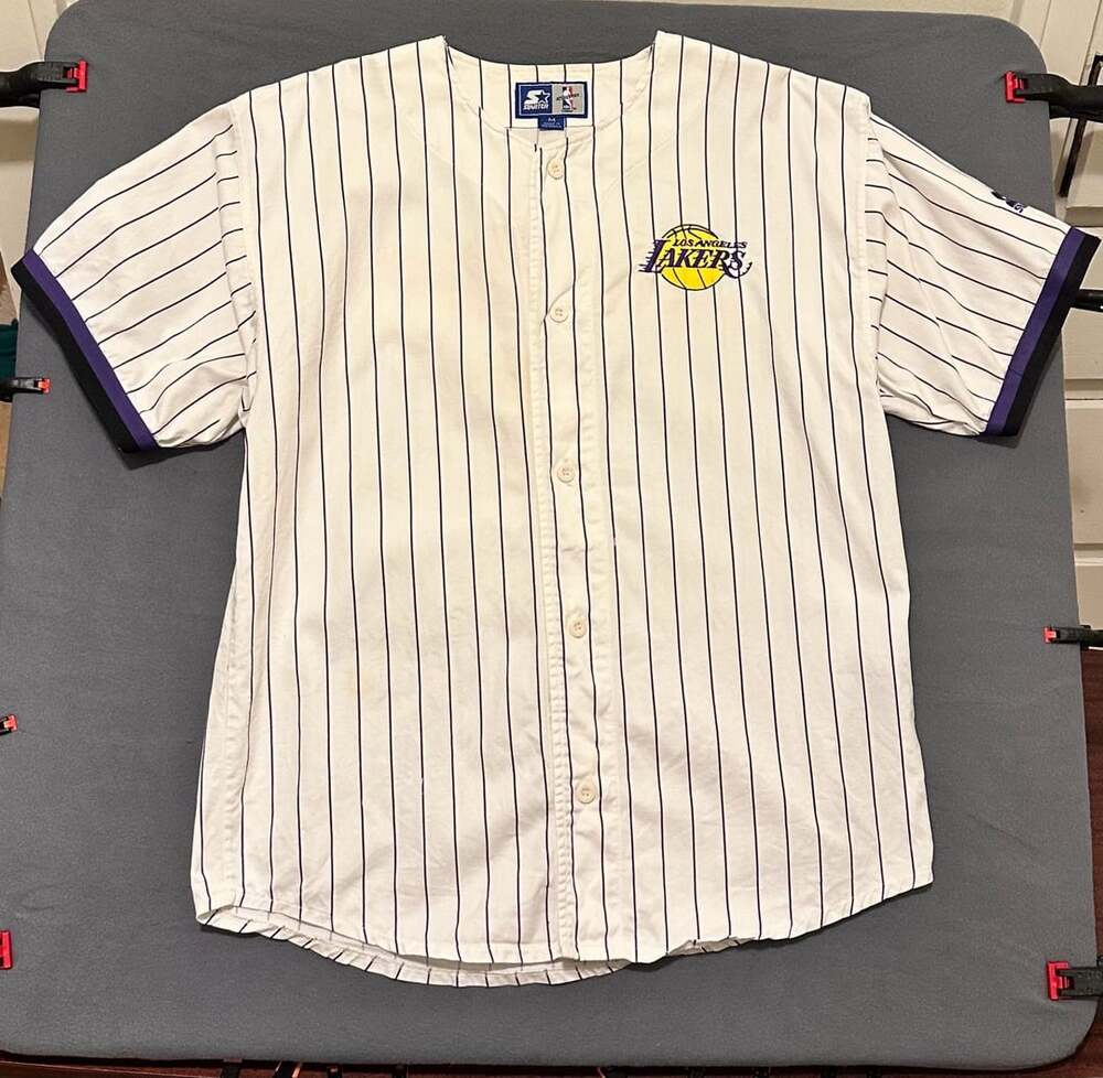 Starter Los Angeles Lakers Pinstripe Baseball Jersey Size M White Purple
